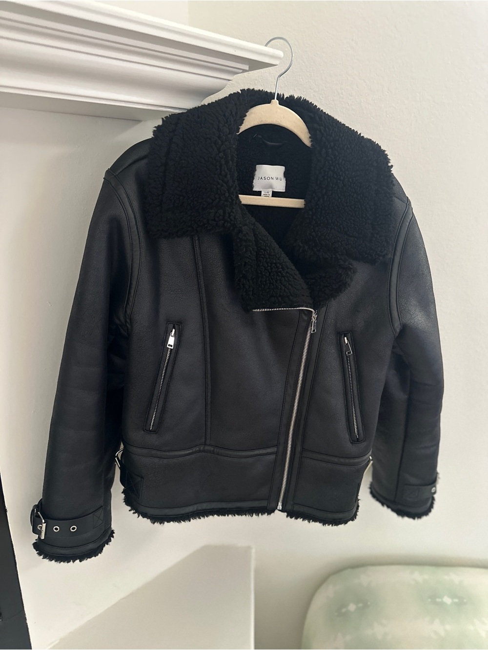 JASON WU 🖤 Cozy Black Vegan Leather & Shearling Moto Jacket Sz Large very Warm